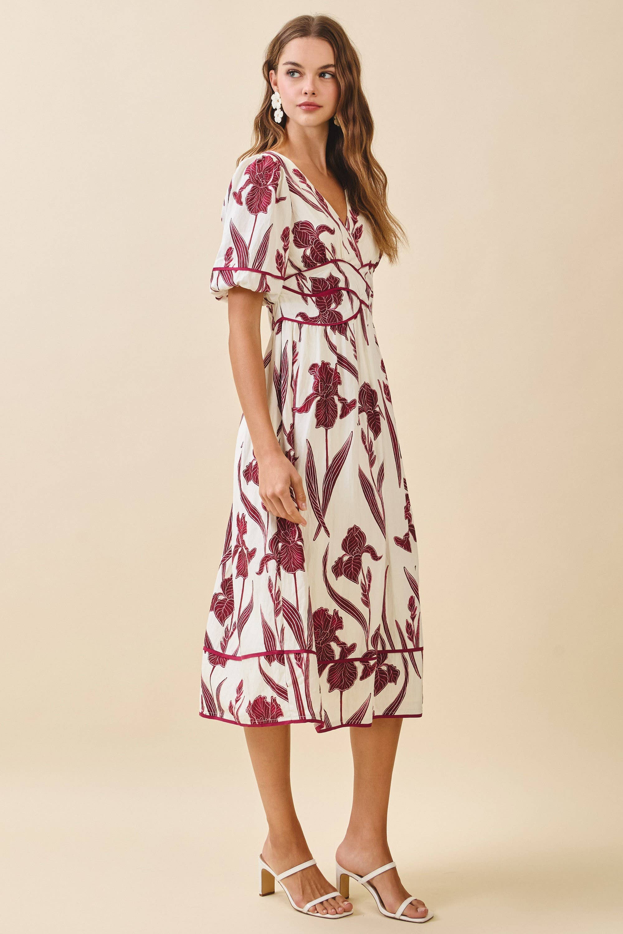 Floral Print Piping Puff Sleeve Dress