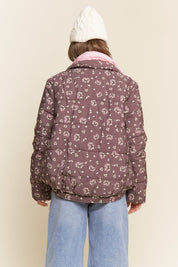 Brown Floral Bow Puffer Jacket
