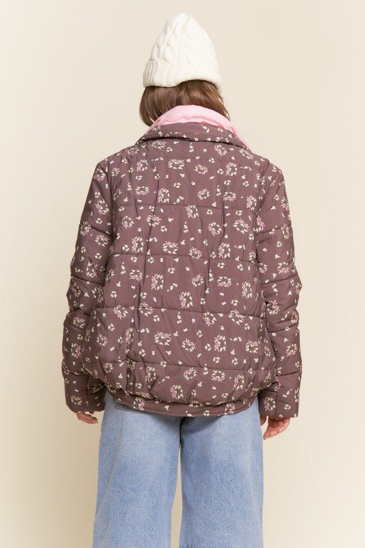 Brown Floral Bow Puffer Jacket