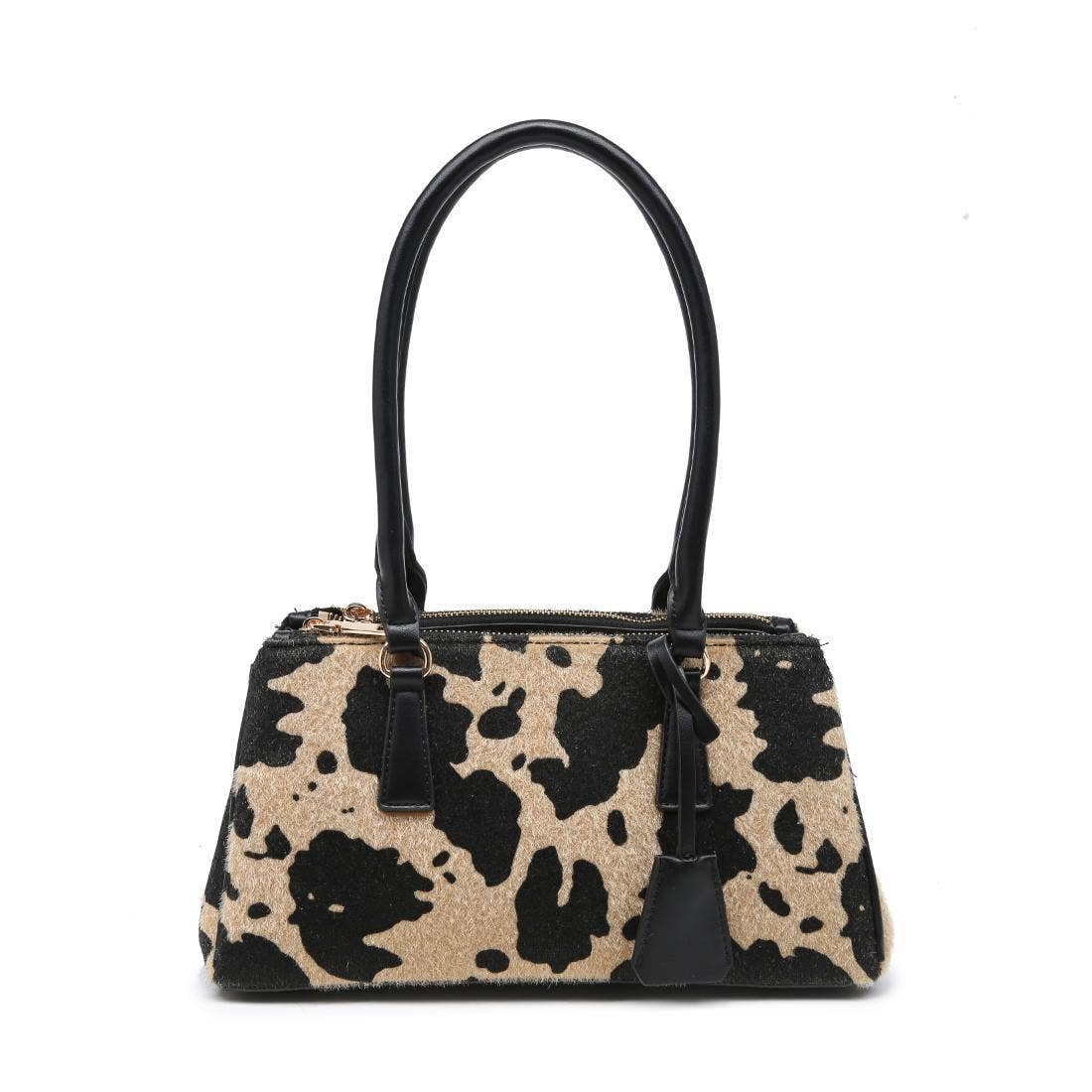 Brown Cow Print Multi Zip Shoulder Bag