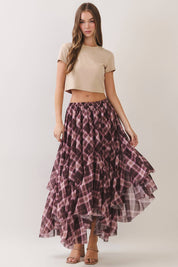 Brown Plaid Asymmetrical Tiered Skirt