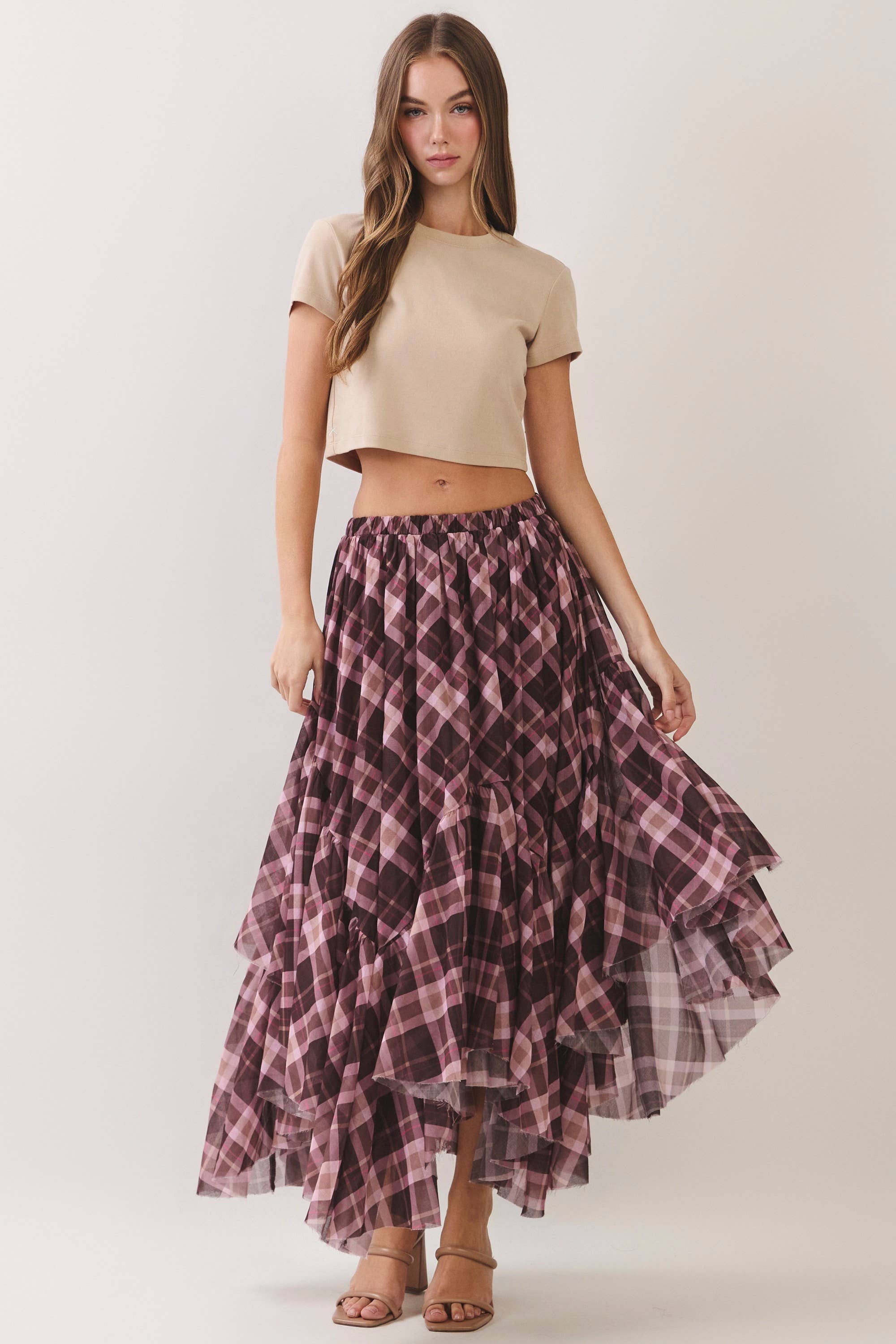 Brown Plaid Asymmetrical Tiered Skirt