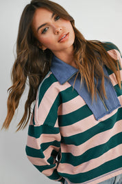 Green Striped Quarter-Zip Contrast Collar Sweatshirt