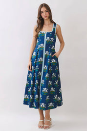 Floral Border Trim Square Neck Midi Dress