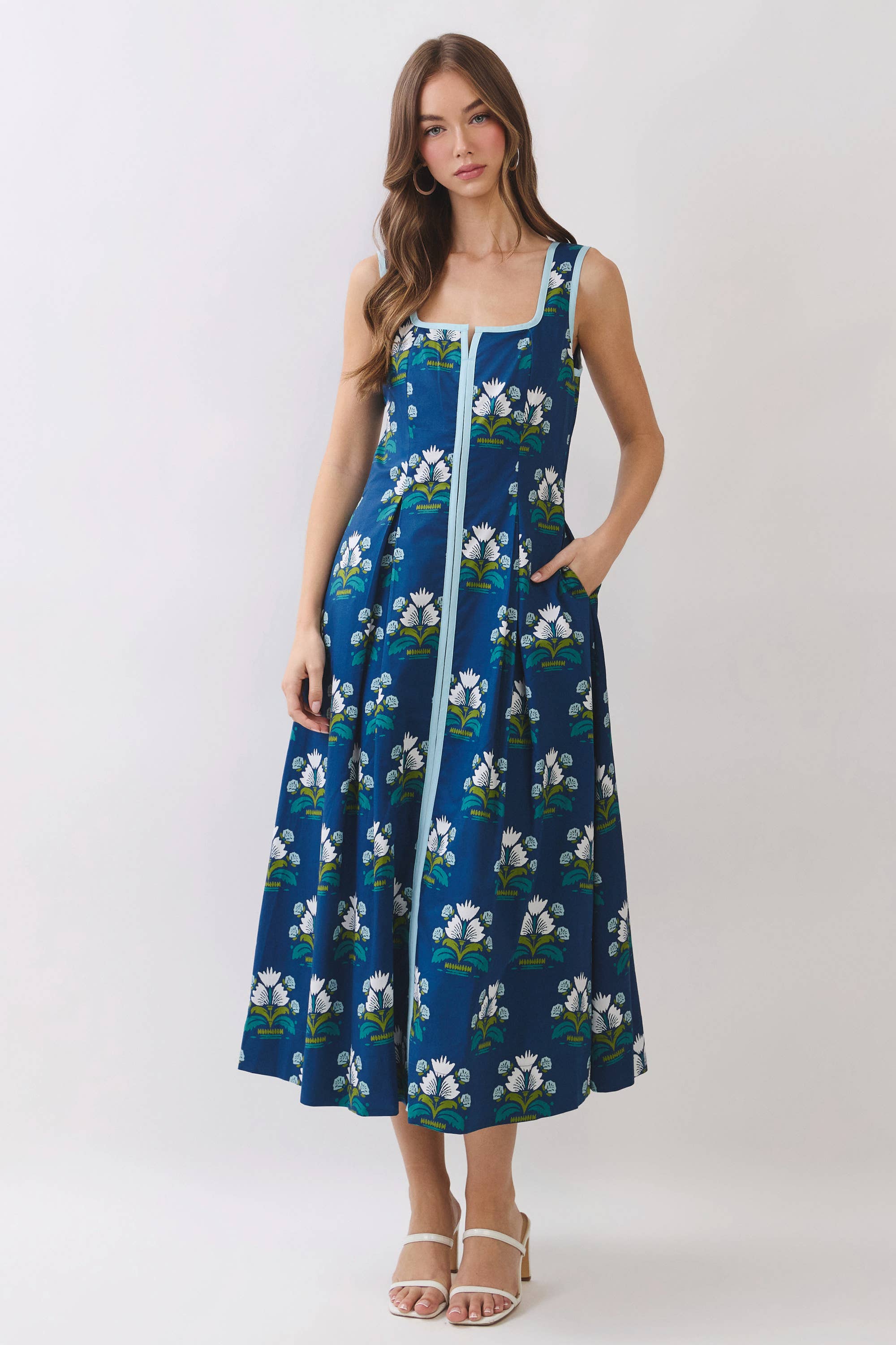 Floral Border Trim Square Neck Midi Dress