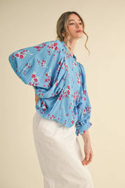 Blue Floral Dolman Sleeve Blouse
