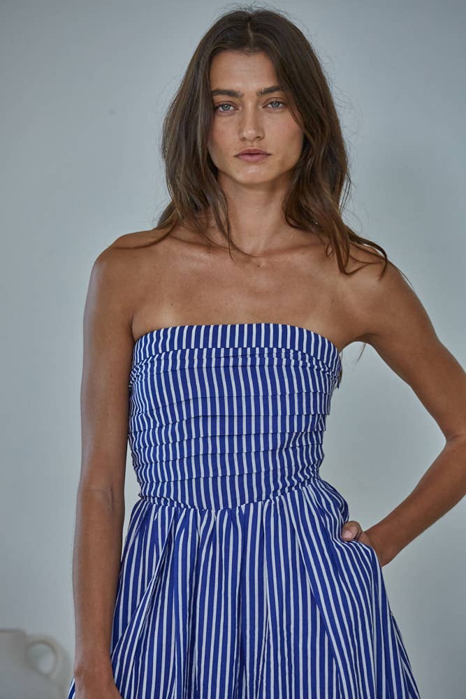 Blue Striped Strapless Flare Maxi Dress