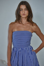Blue Striped Strapless Flare Maxi Dress