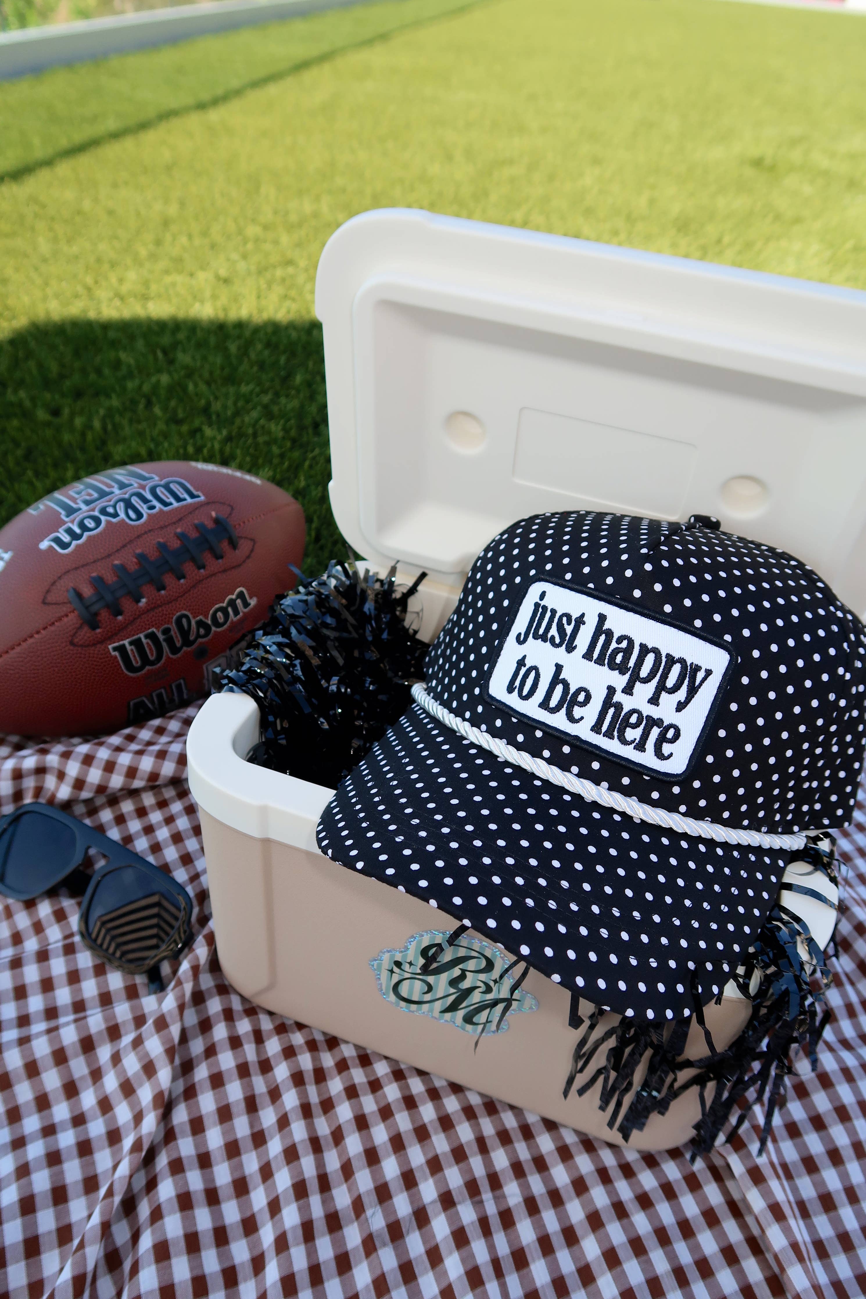 Just Happy To Be Here Polka Dot Patch Hat Game Day Hat showing black trucker hat with an allover white polka dot print