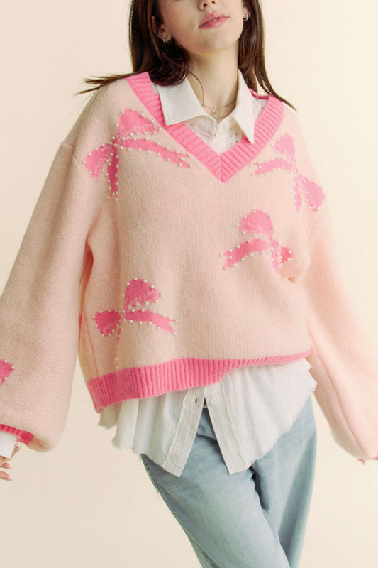 Pink Bow Pearl Sweater