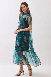 Green Sheer Floral Overlay Maxi Dress