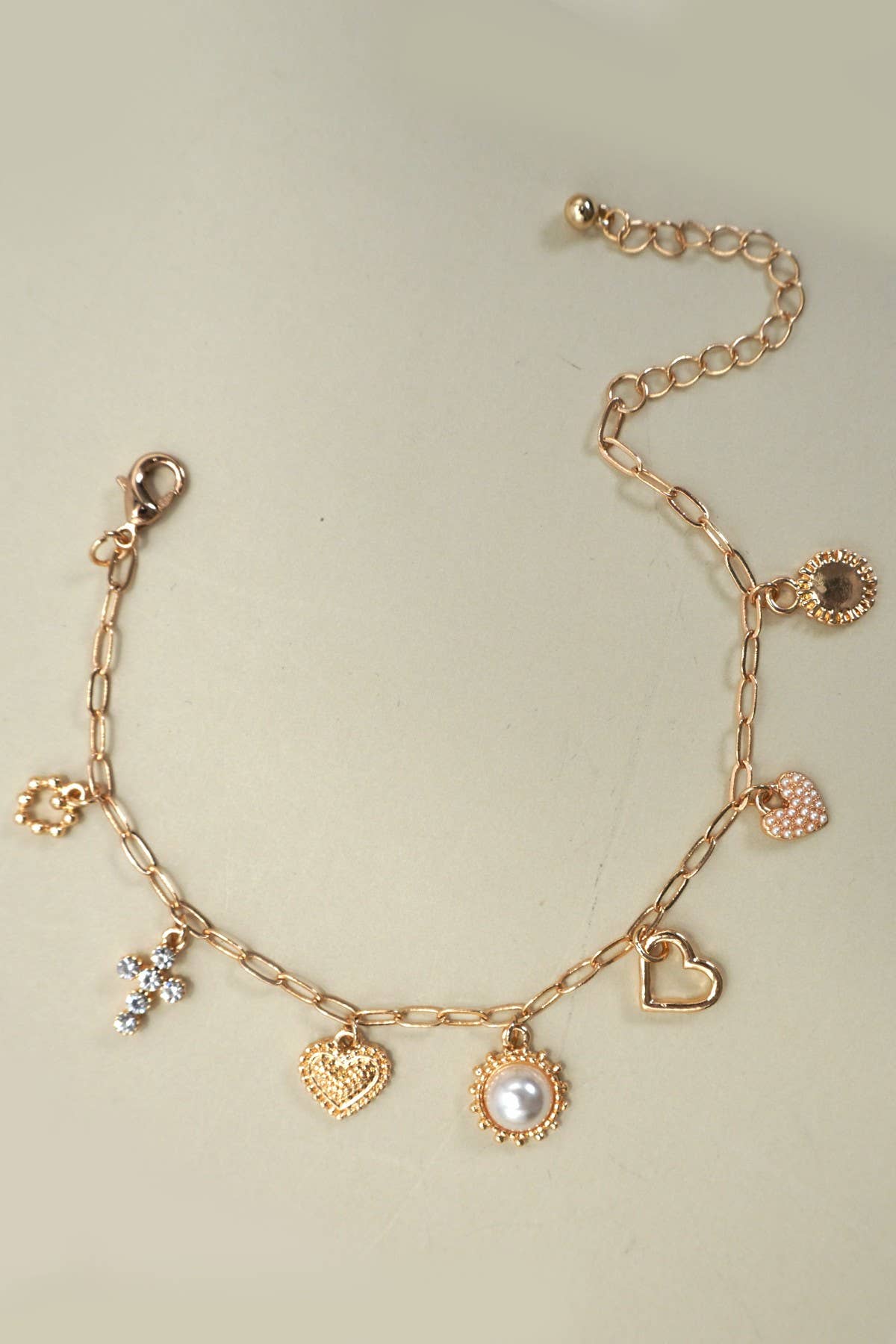 CHARM BRACELET-LINK CHAIN HEART PEARL CROSS CHARMS