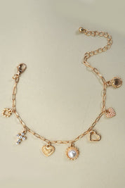 CHARM BRACELET-LINK CHAIN HEART PEARL CROSS CHARMS