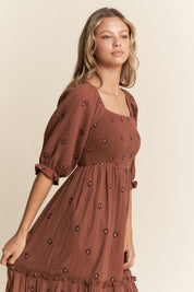 Brown Floral Embroidered Maxi Dress
