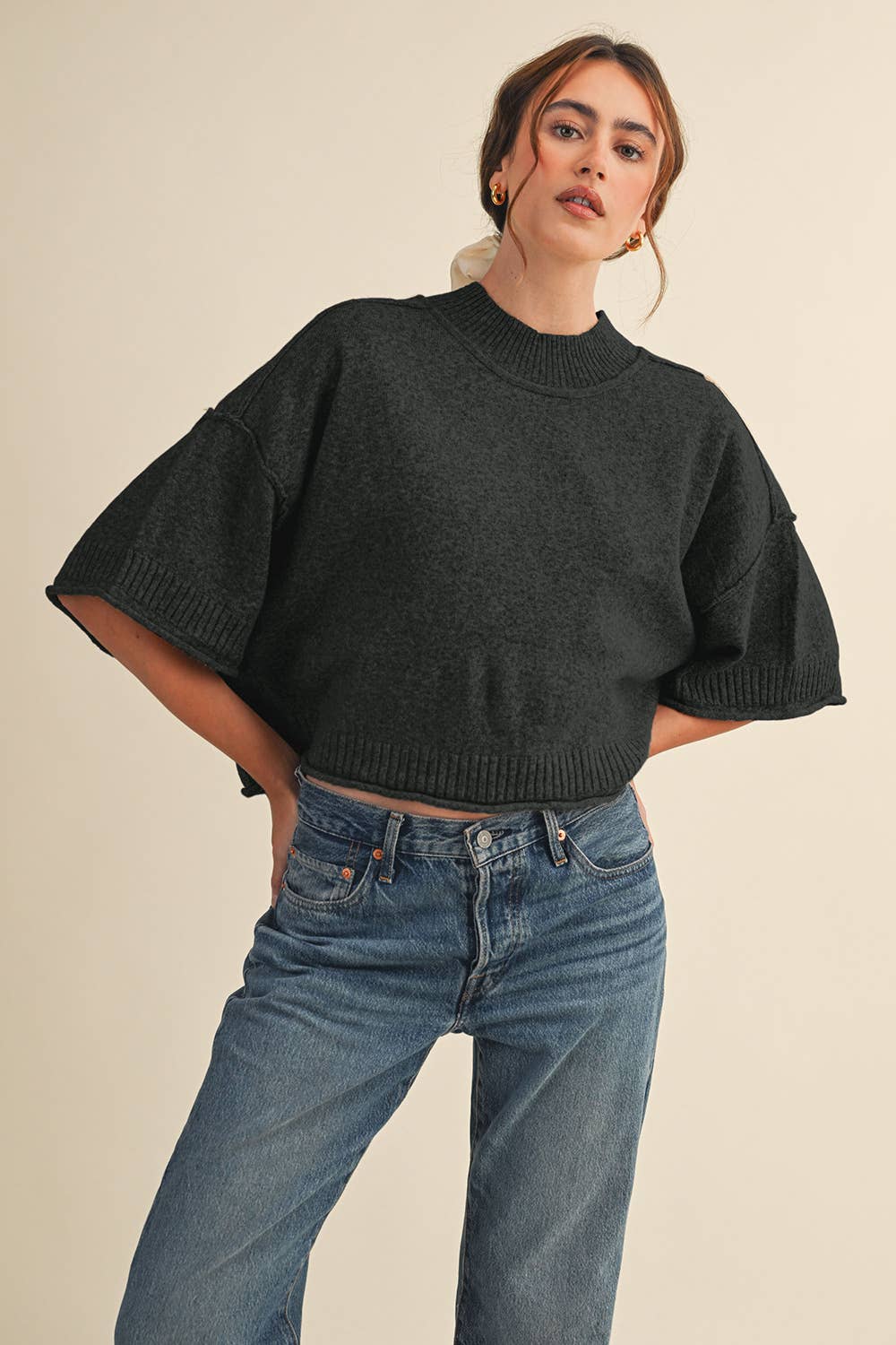 Black Mock Neck Short Sleeve Sweater