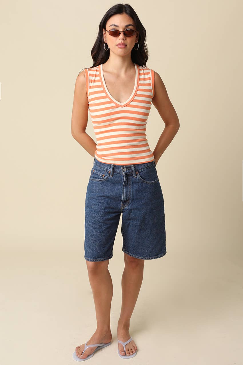 Orang & White Striped V-Neck Tank Top