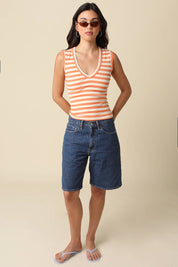 Orang & White Striped V-Neck Tank Top