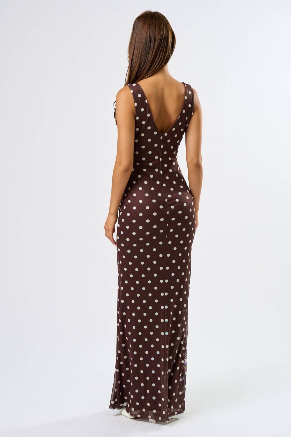 Brown Mesh Polka Dot Maxi Dress