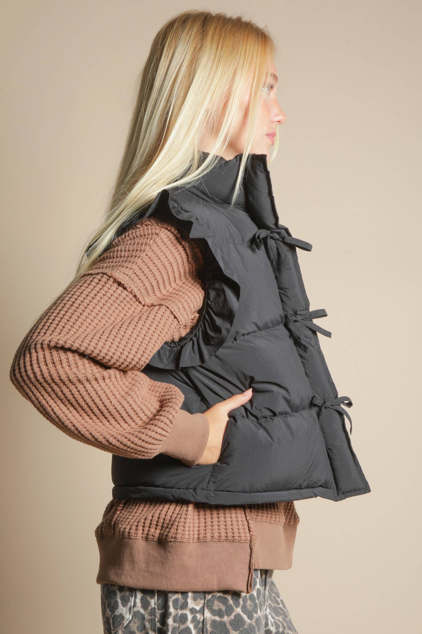 Black Front Bow Puffer Vest
