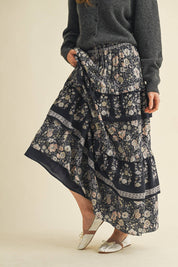 Black Ruffle Tiered Print Midi Skirt