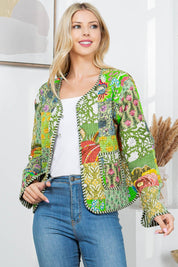 Green Floral Quilted Patch Reversible Jacket