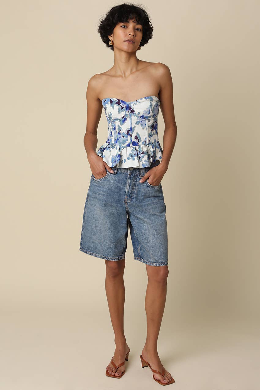 Blue & White Floral Peplum Tube Top