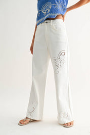 White Wide-Leg Trousers w/ Cutout