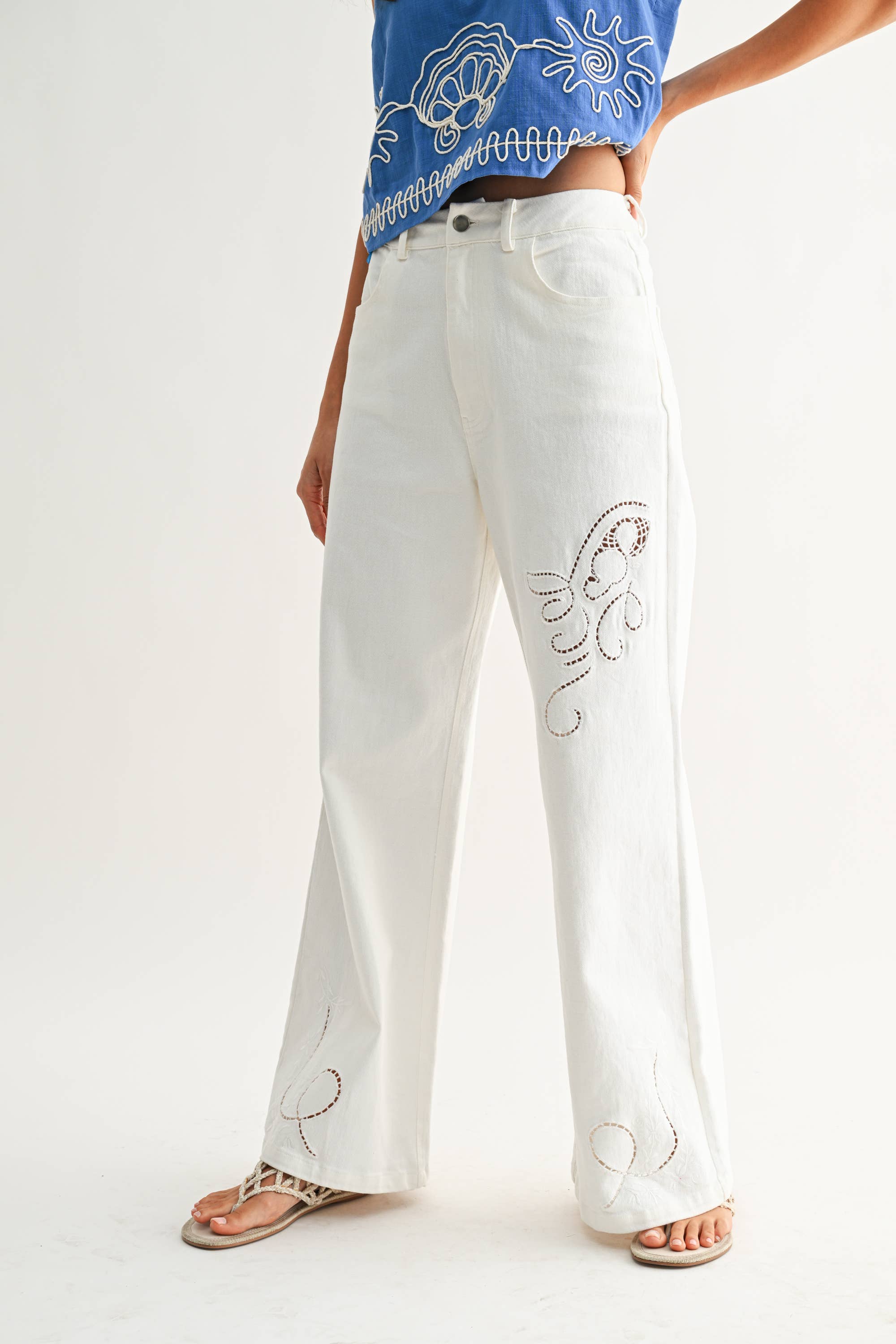 White Wide-Leg Trousers w/ Cutout