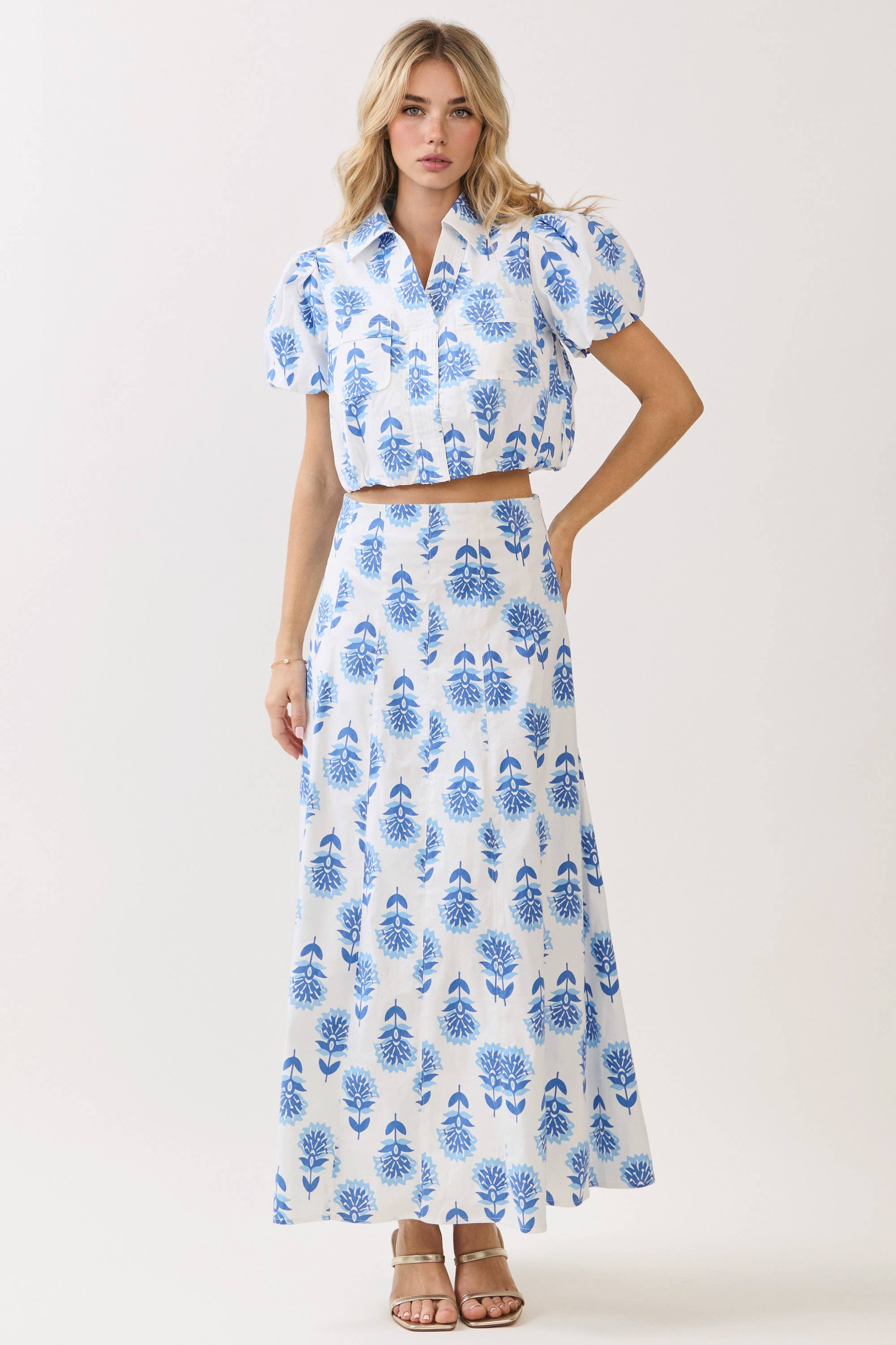 Blue Printed Maxi Skirt