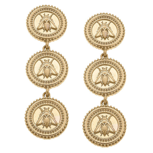 Lizette Bee Medallion Triple Drop Earrings in Worn Gold