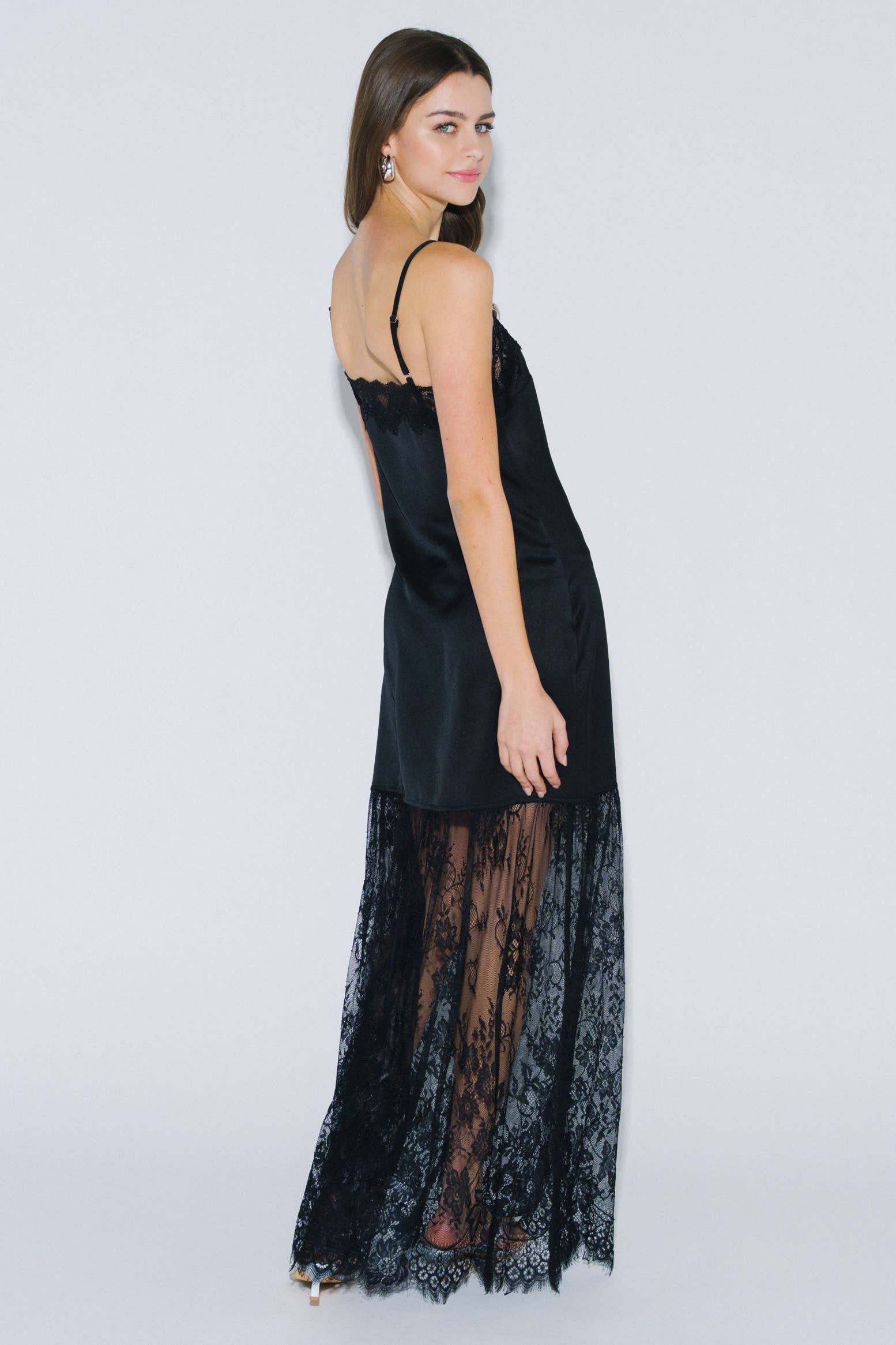 Black Satin Lace Maxi Dress