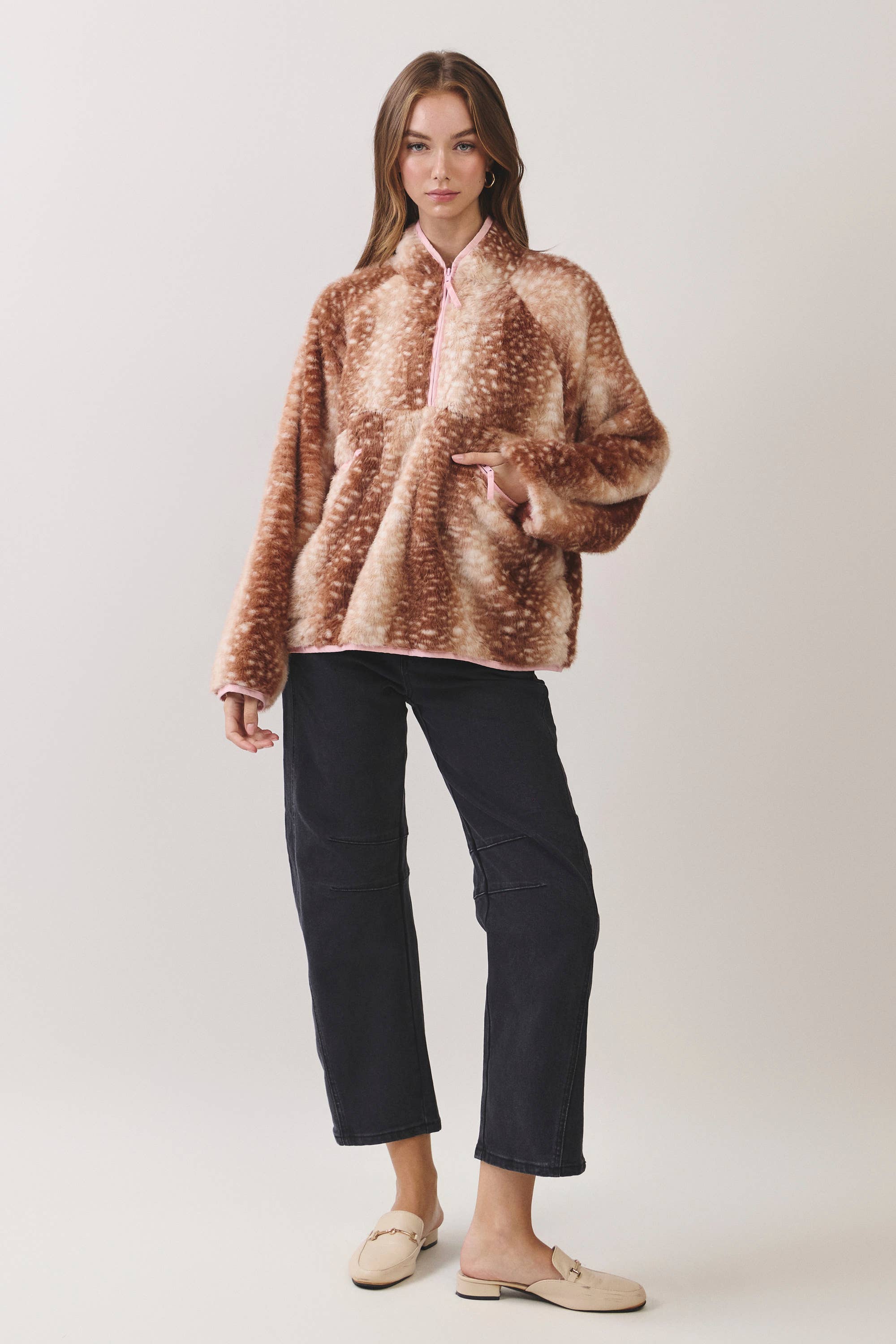 Brown Deer Print Faux Fur Half-Zip Jacket in Need