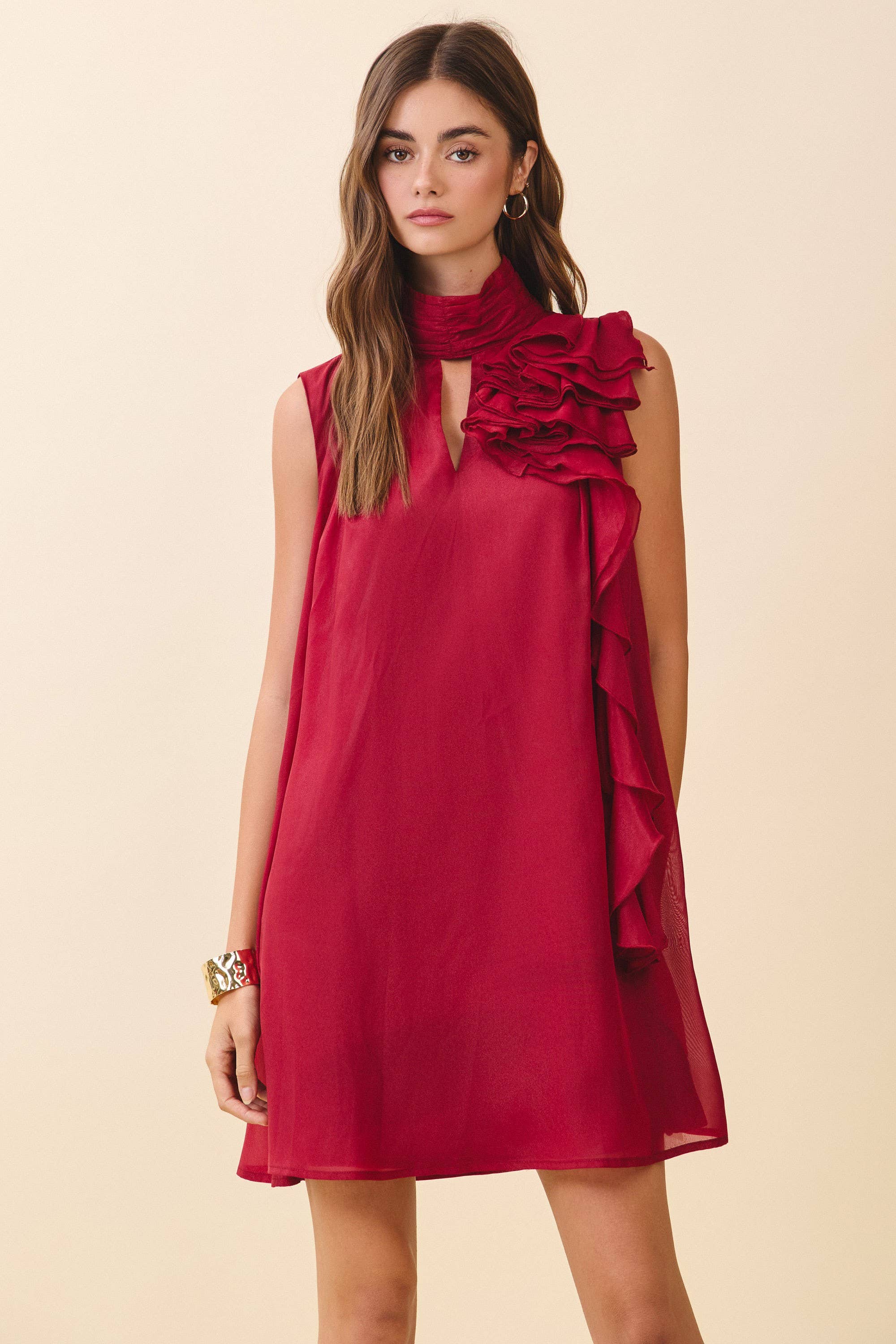 Red Sleeveless Mock Neck Ruffle Dress