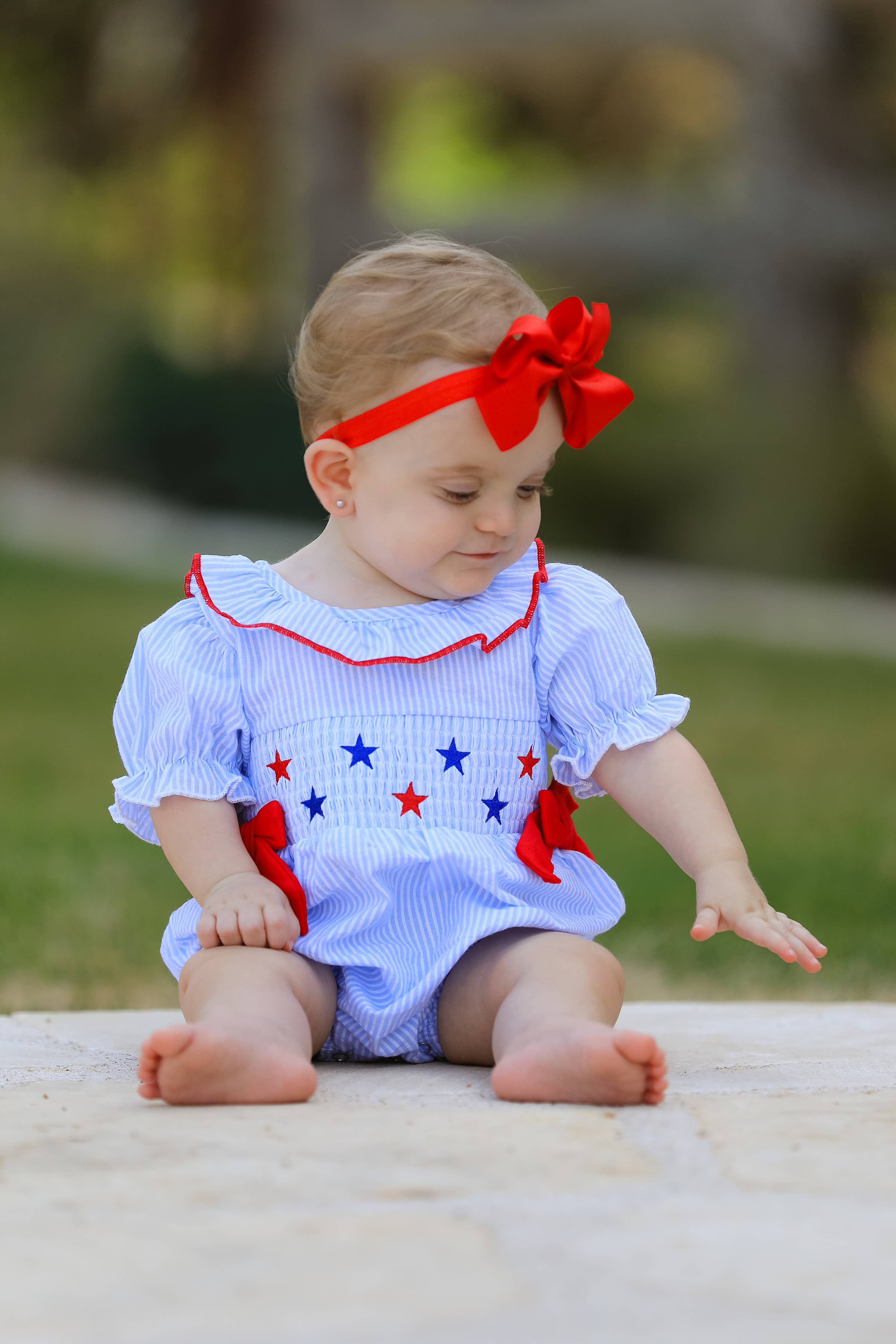 4th of july Girls' Smocking Star Embroidered Romper