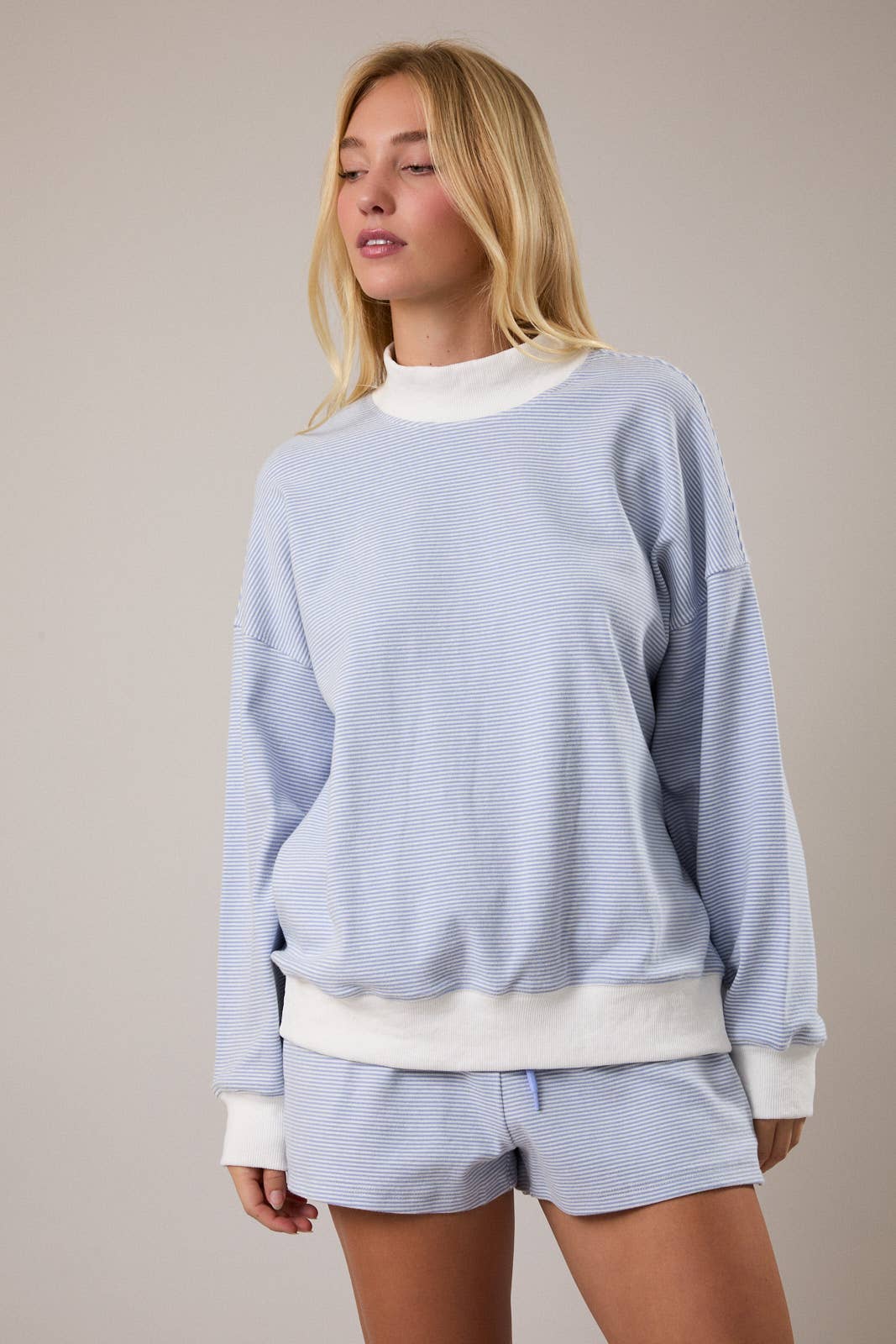 Light Blue Striped Mock Neck