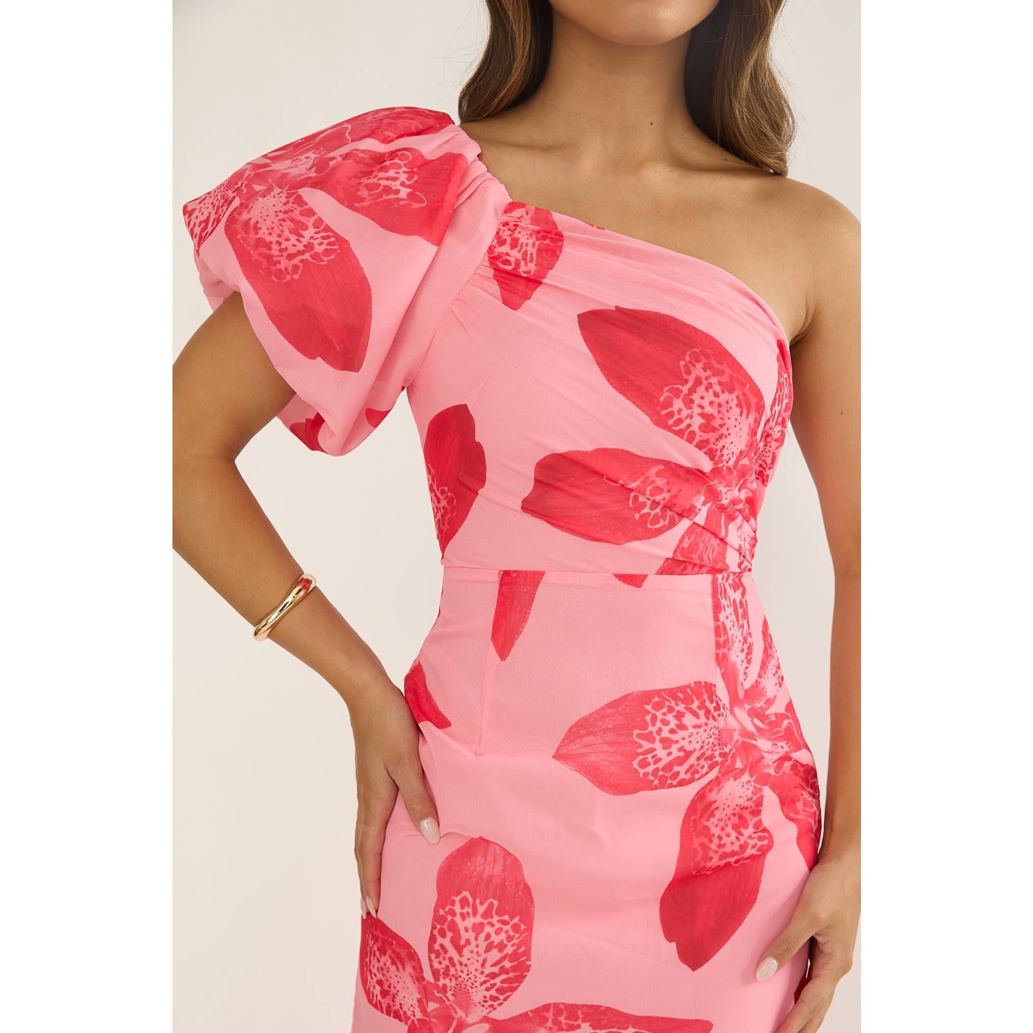Pink Floral One Shoulder Maxi Dress