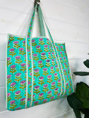 Aqua Floral Large Quilted Tote Bag