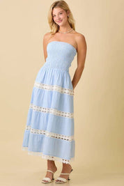 Blue Midi Tube Dress With Lace