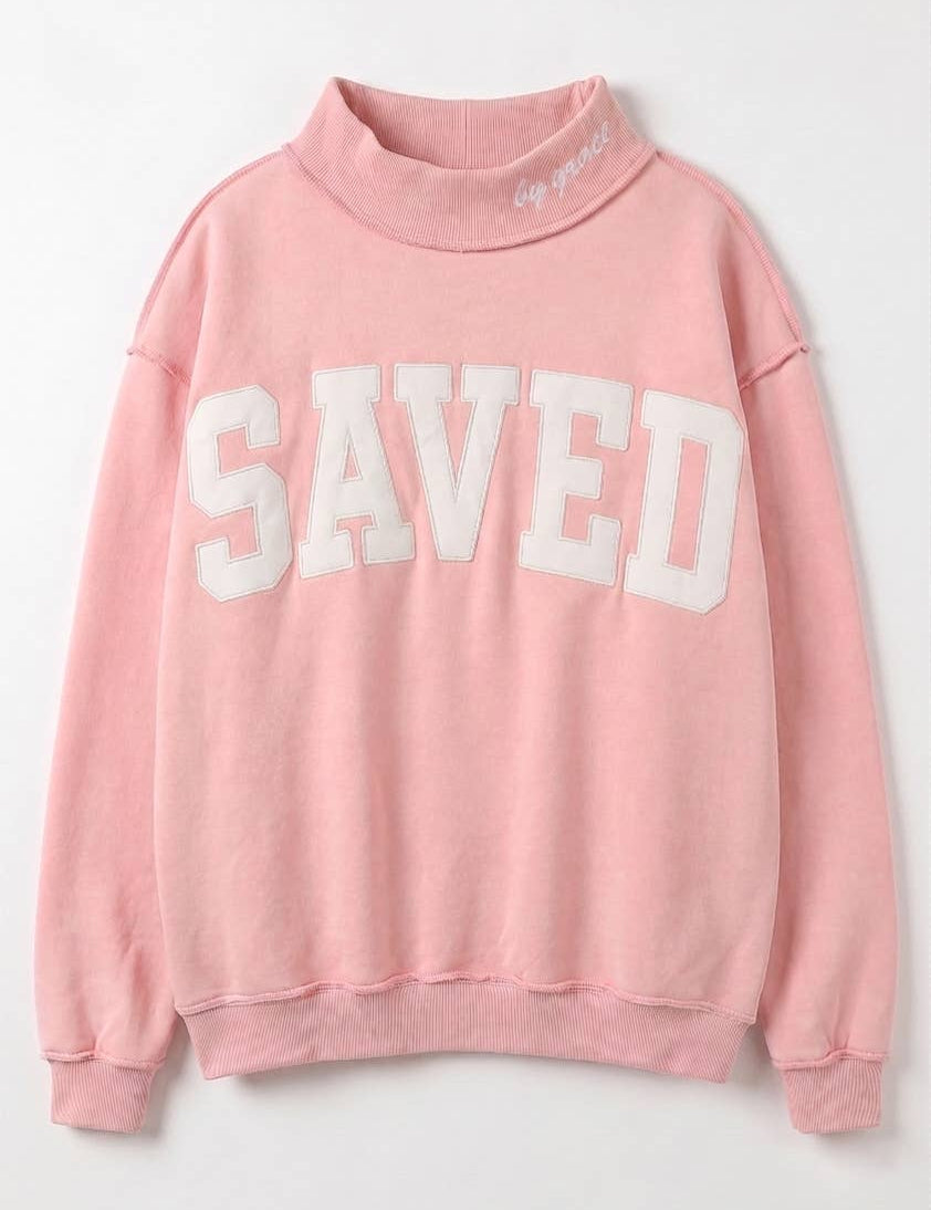 Light pink mock neck sweatshirt with SAVED embroidery and ribbed cuffs