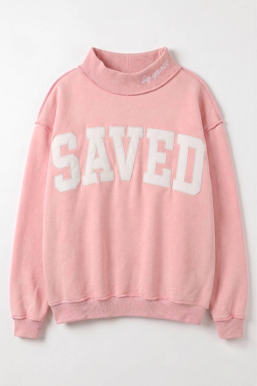 Pink Embroidered "SAVED" Mock Neck