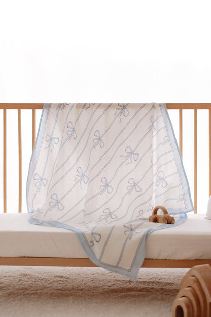 Blue Bow Muslin Baby Blanket