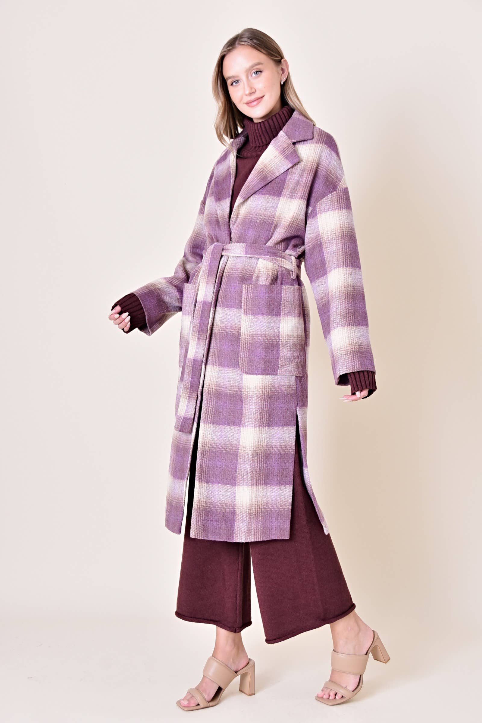 Lavender Plaid Belted Long Coat
