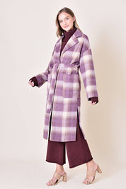 Lavender Plaid Belted Long Coat