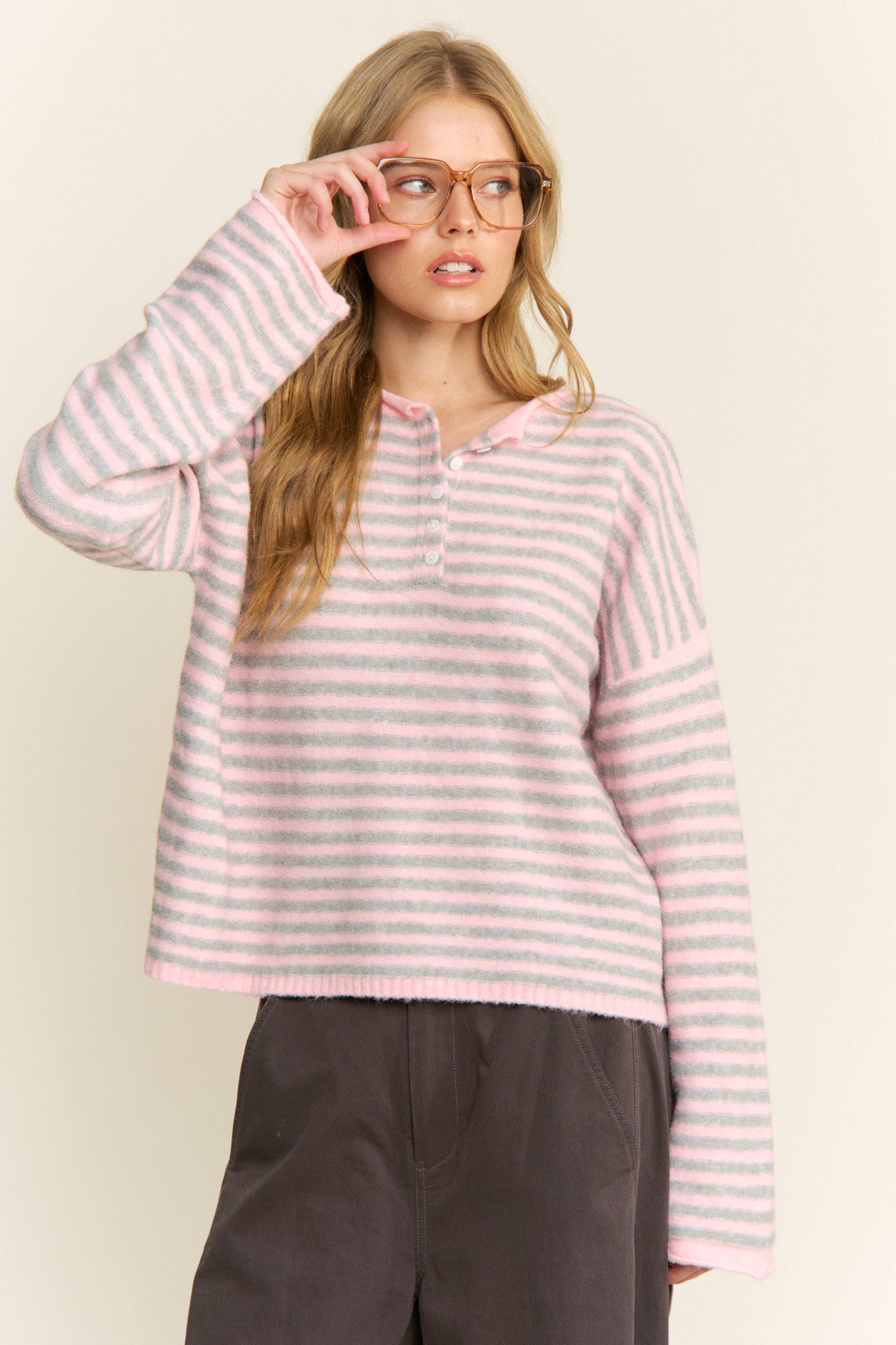 Pink Striped Henley Knit Sweater