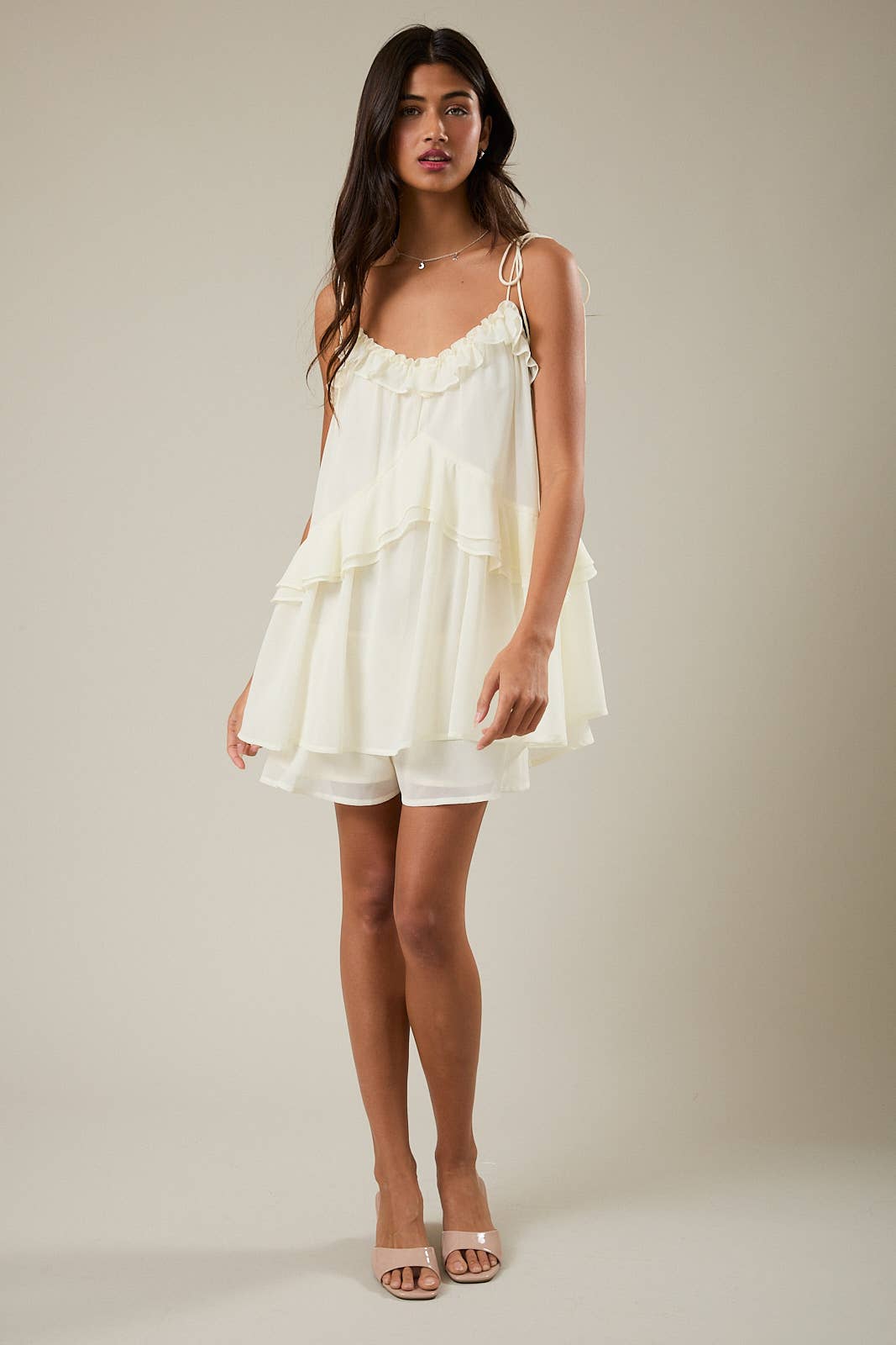 White Ruffle Shoulder Tie Romper