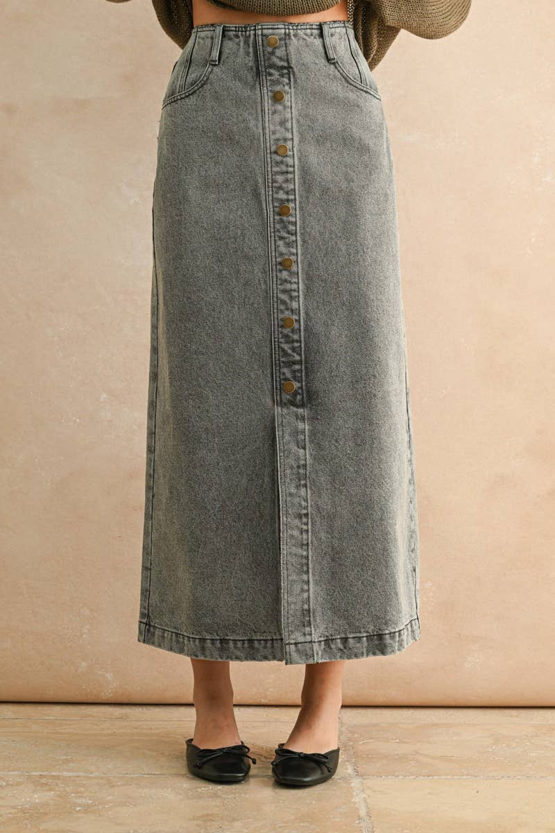 Gray Button Front Washed Skirt