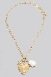 Single Stud Hear And Pearl Charm Chain Necklace