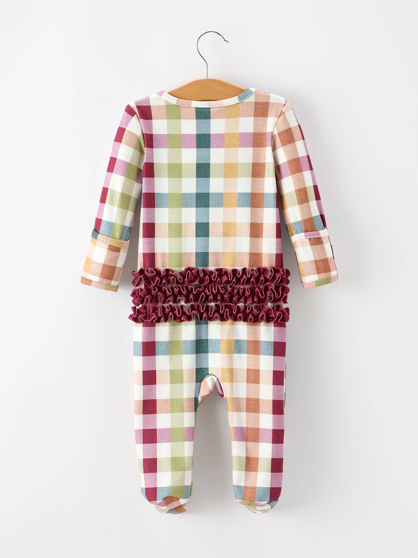 Plaid Ruffle Footie Pajamas showing ruffle detail along the front