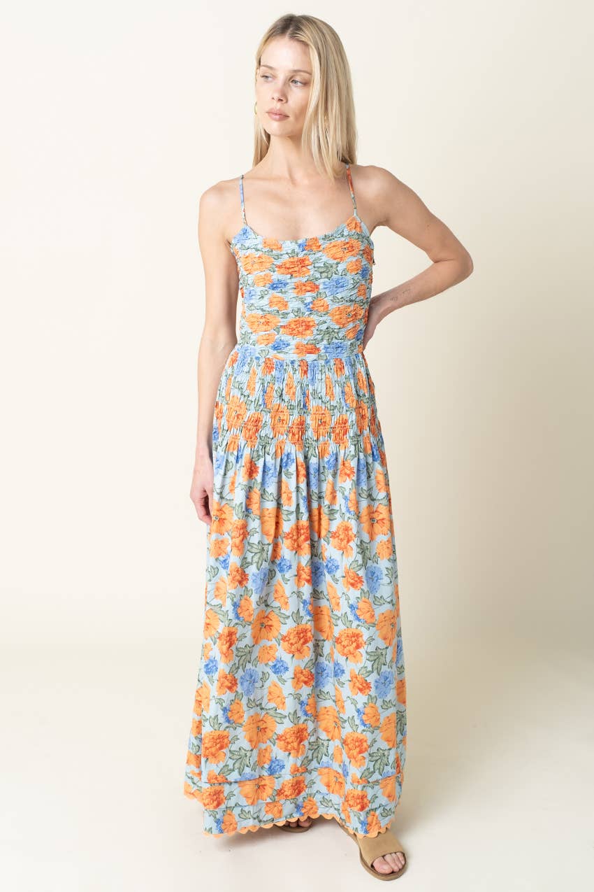 Blue & Orange Blossom Smocked Maxi Dress