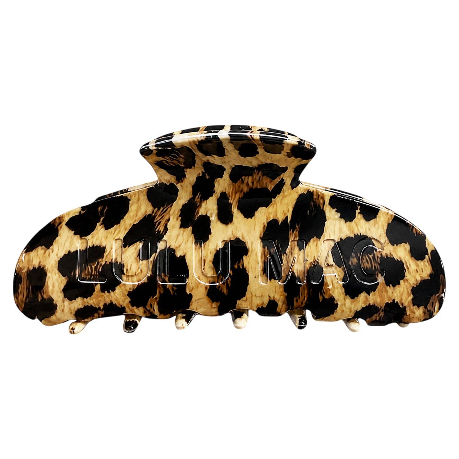 Leopard Hair Clip Lulu Mac — color: tan and black leopard print and wide dome-shaped claw clip with interlocking teeth
